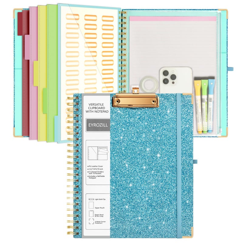 EYROZILL Clipboard Folio with Storage Pocket Refillable Lined Notepad Spiral Clipboards Blue - Image 1